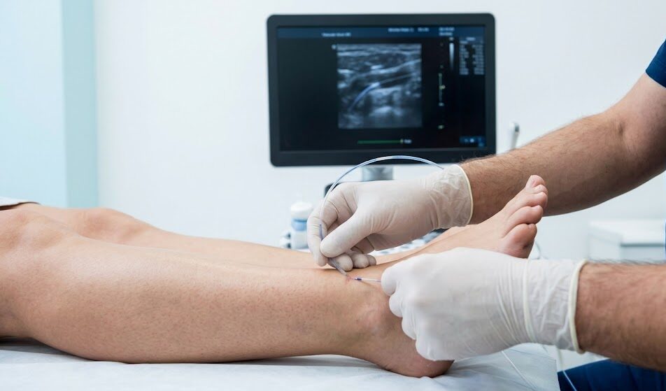 a close up view of a vascular specialist performing a minimally invasive laser treatment (evlt) on a leg vein