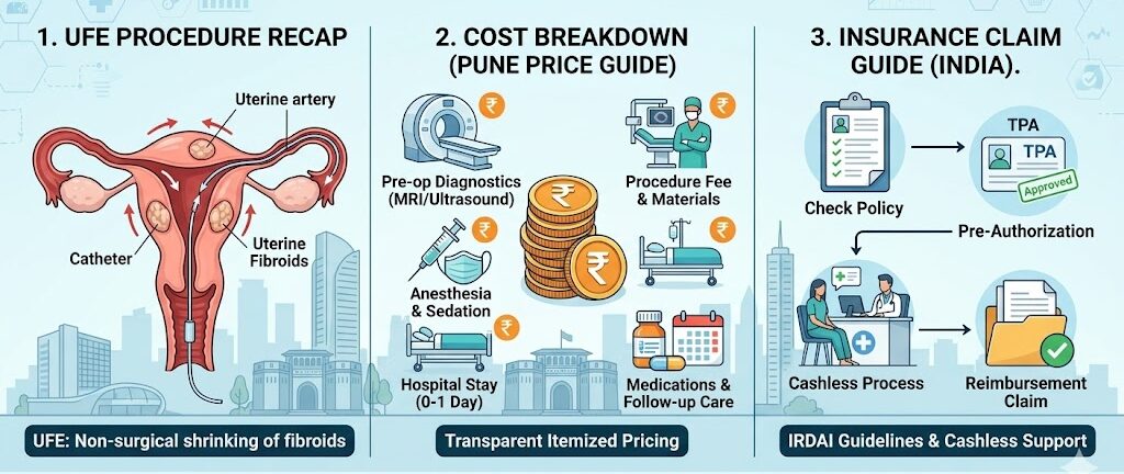 An informative medical infographic guiding patients through the uterine fibroid embolization (UFE) cost breakdown and insurance claim process in India