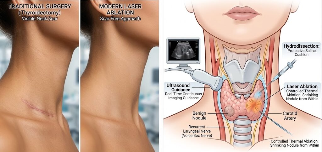 Comparison of a visible neck scar from traditional thyroid surgery versus a scar-free neck from modern laser ablation