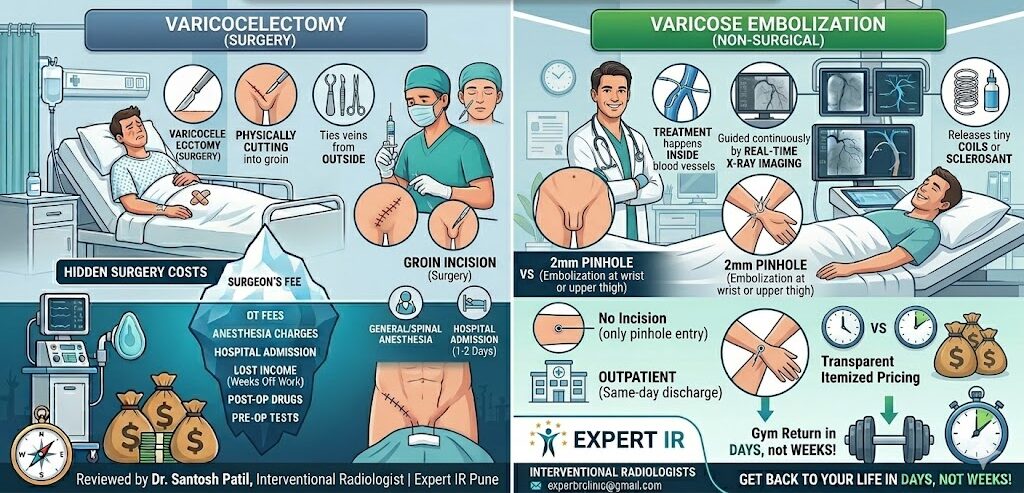 Comparison of surgical varicocelectomy vs. non-surgical varicocele embolization, highlighting hidden costs, pinhole access, and faster recovery