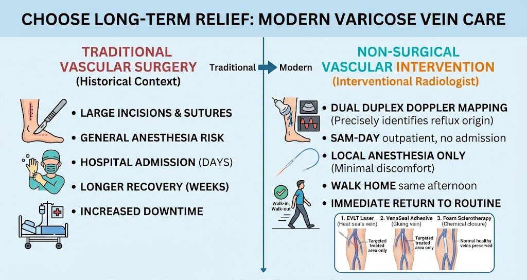 A detailed medical infographic comparing advanced non-surgical varicose vein treatment