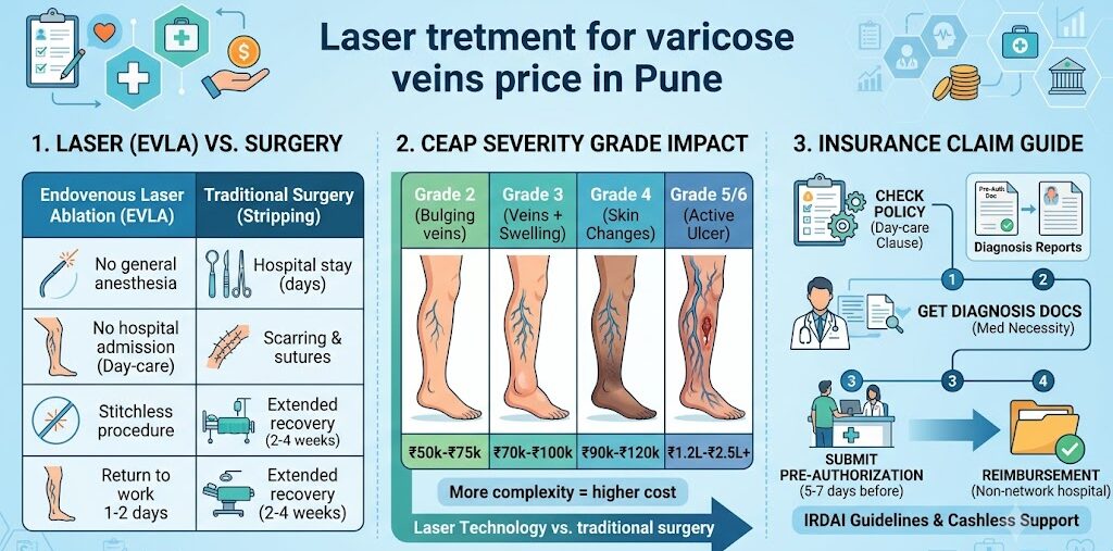 A detailed medical infographic guiding patients through varicose vein laser treatment (EVLA) in Pune