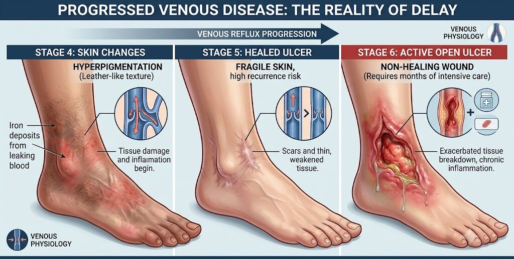 A detailed medical infographic illustrating the progressing physical stages of untreated venous disease